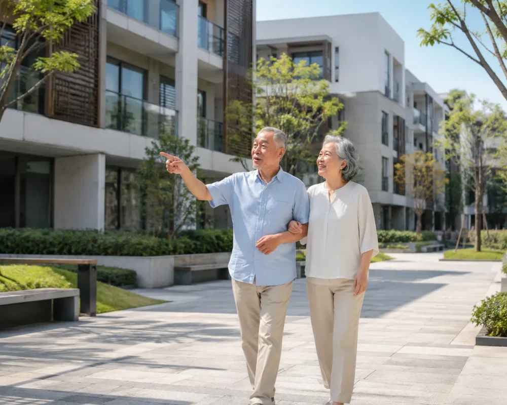 Happy stroll in modern courtyard