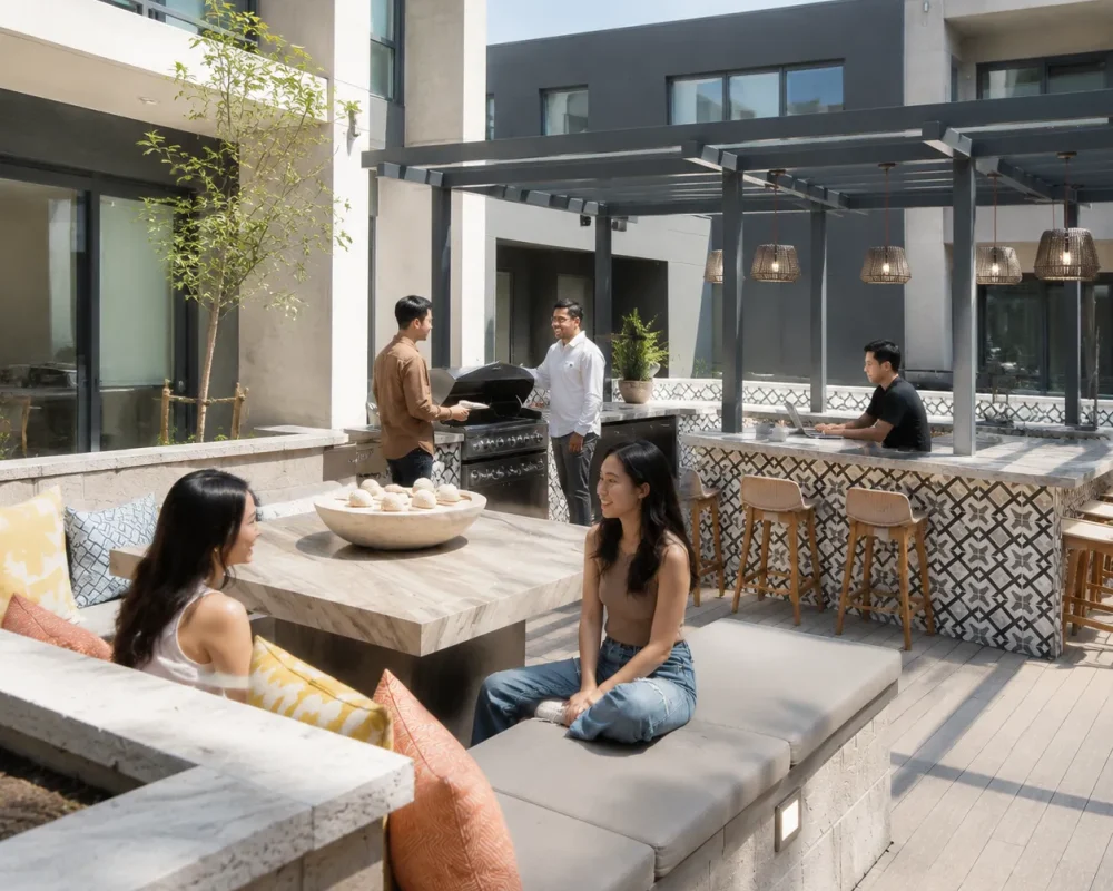 Modern courtyard gathering with friends