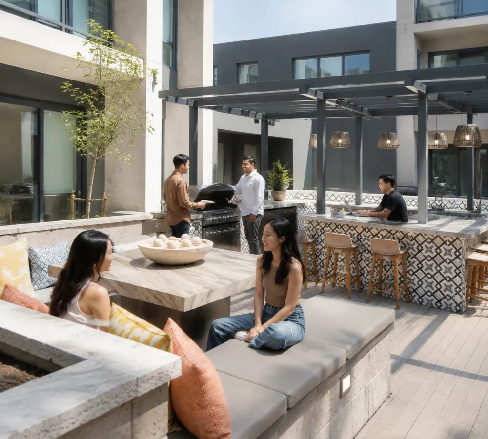 Modern courtyard gathering with friends