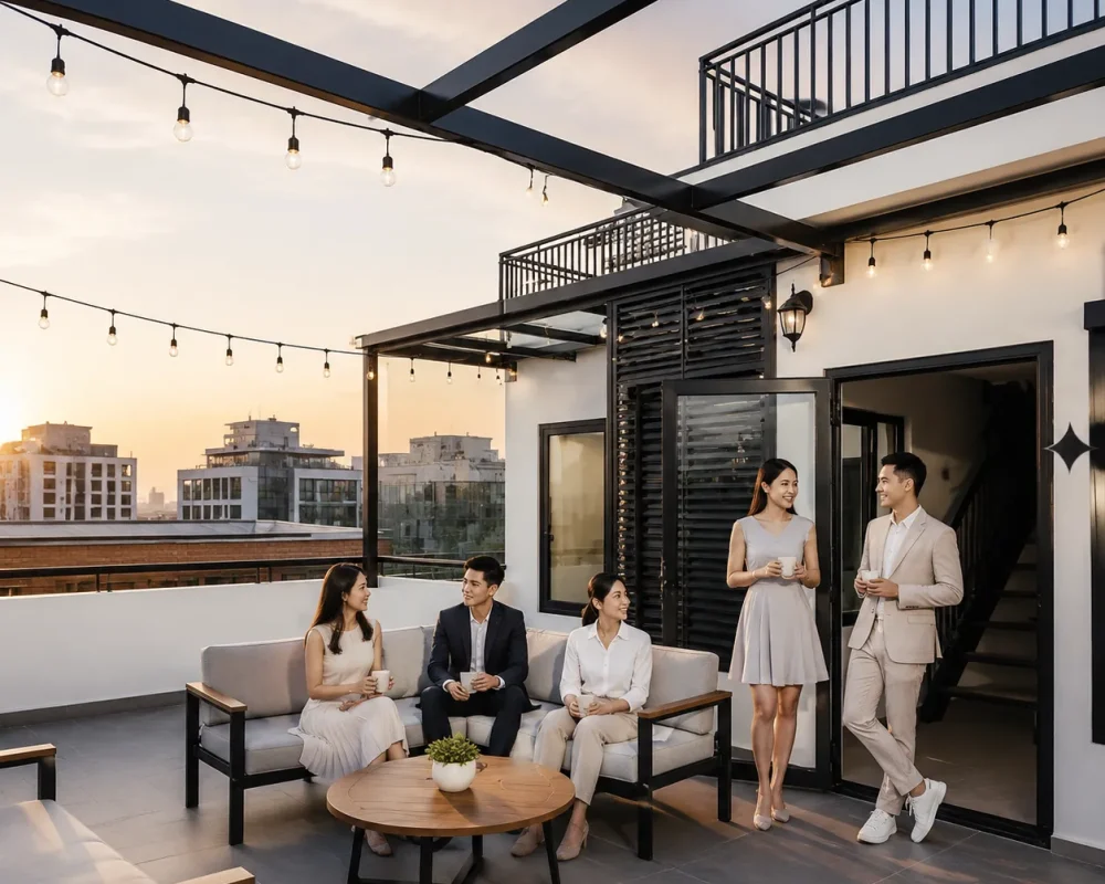 Rooftop sunset social gathering